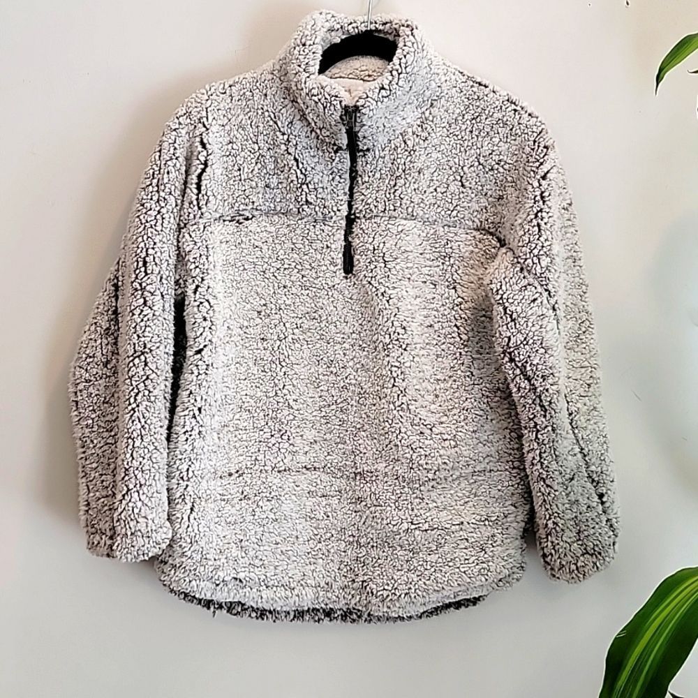 Elodie Sherpa Fleece Quarter Zip Pullover | White & Grey Ombre | Size XS